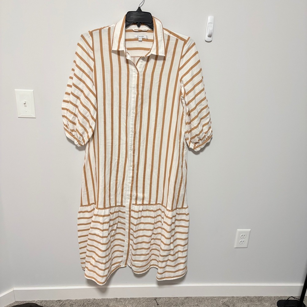 Chico's Striped Midi Shirt Dress COTTO Tan White Cotton gauze Pockets Boho - Picture 2 of 10